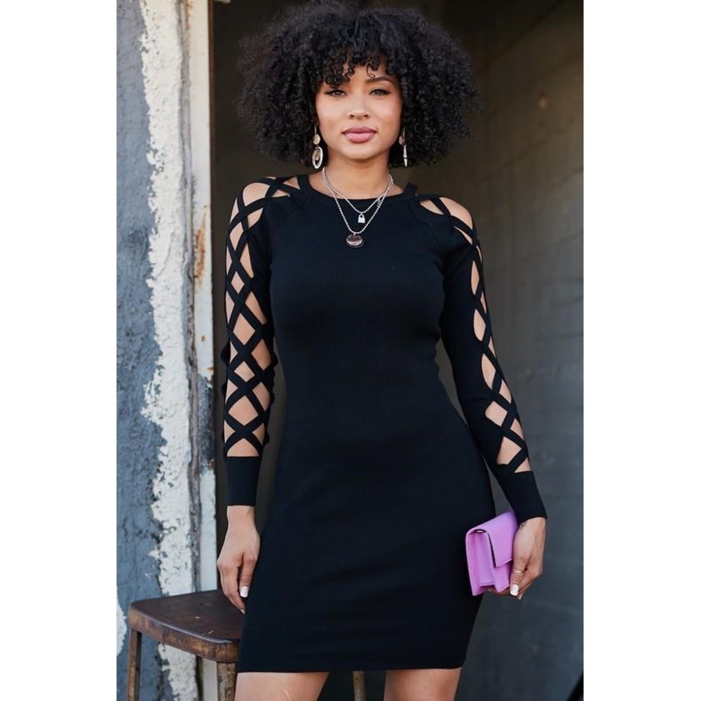Lattice Cutout Sleeve Ribbed Knit Bodycon Mini Dress